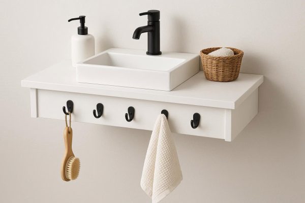 Floating Vanity Shelf with Hooks White Finish